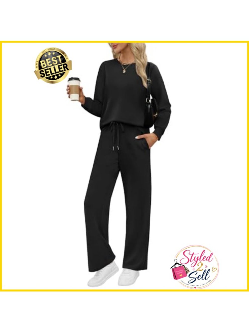 Womens 2-Piece Lounge Set Wide Leg Pants Crew Neck Travel Outfit